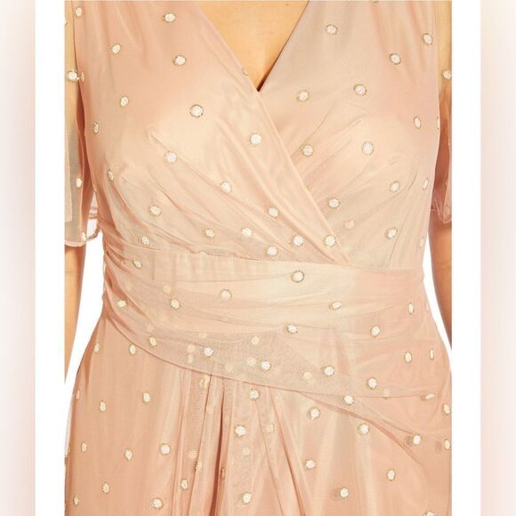 NWT Adrianna Papell Metallic Clip Dot pink V-neck Draped Gown maxi Sz 4 - Picture 2 of 12